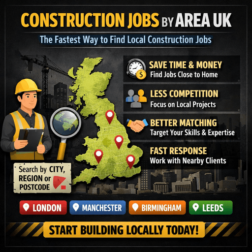 Infographic showing how construction jobs by area UK help builders find local residential work faster, with a UK map, location pins, and key benefits highlighted