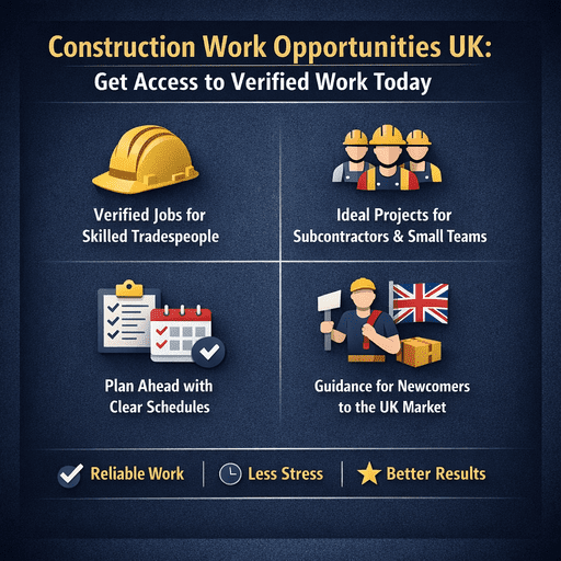 Infographic showing verified construction work opportunities in the UK, including residential projects, planning clarity, and reliable work access for tradespeople and small teams.