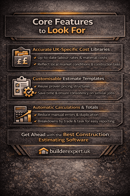 Infographic showing the core features to look for in construction estimating software for UK residential builders, including UK-specific cost libraries, customisable estimate templates, and automatic calculations.