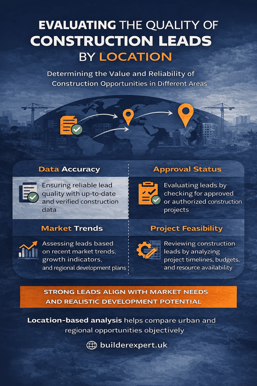 evaluating_the_quality_of_construction_leads_1_50 Infographic evaluating the quality of construction leads by location, focusing on data accuracy, approval status, market trends, and project feasibility.