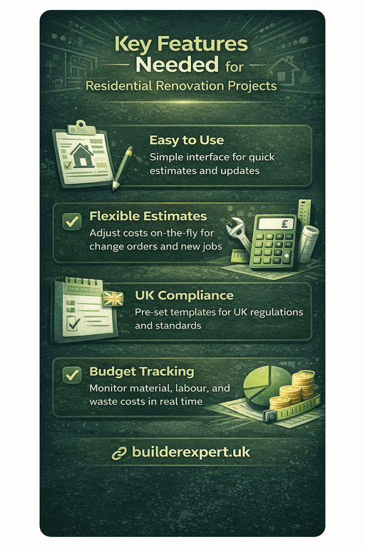 Vertical infographic showing key features needed for residential renovation projects, including flexible estimating, UK compliance, budget tracking, and ease of use for builders.