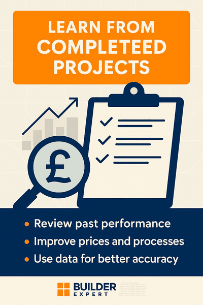 learn_from_completeed_projects_50 Infographic showing how UK residential builders can learn from completed projects by reviewing past performance, improving pricing and processes, and using data to increase estimating accuracy.