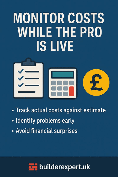 monitor_costs_while_the_pro_is_live_50 Infographic explaining how to monitor costs while the construction project is live, showing cost tracking, early issue identification, and avoiding financial surprises for UK residential builders.