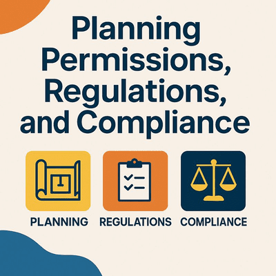 Infographic explaining planning permissions, building regulations, and compliance requirements for UK residential construction, featuring Builder Expert icons and branding.