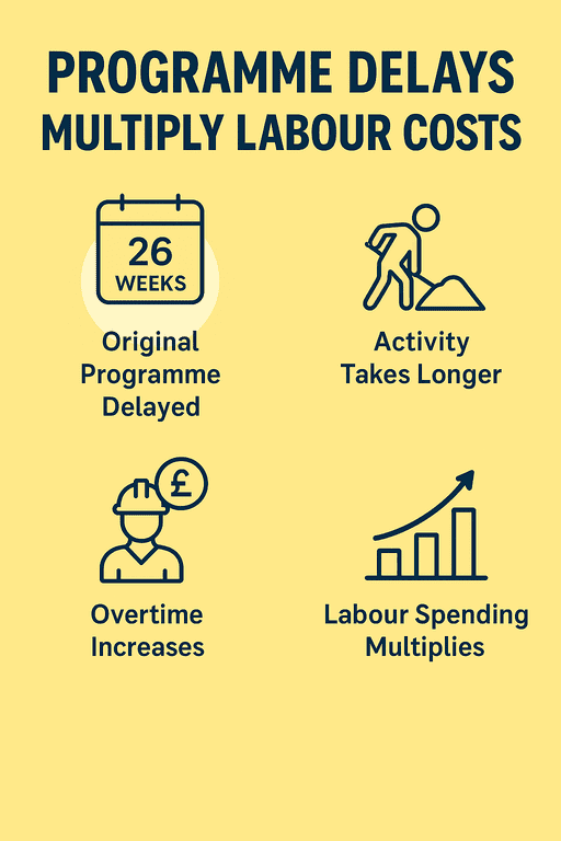 Infographic showing how programme delays increase labour costs on residential construction projects