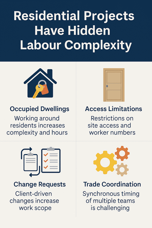 Infographic showing hidden labour complexity in residential construction projects, including access limits, occupied homes, client changes, and trade coordination