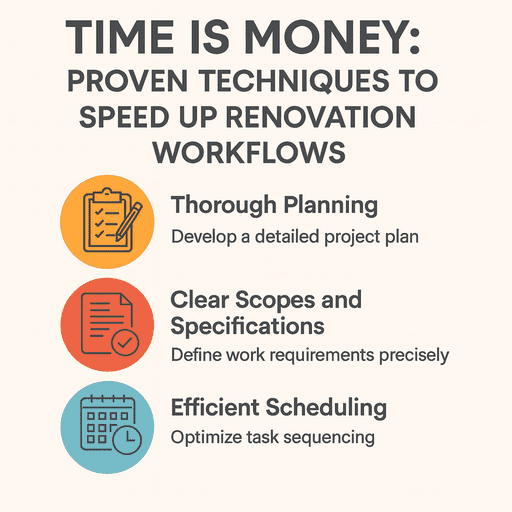 Infographic showing Time Is Money construction estimating techniques that speed up residential renovation workflows through planning, clear scopes, scheduling, and communication.