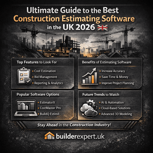 Infographic showing the ultimate guide to the best construction estimating software in the UK for 2026, including key features, benefits, and future industry trends.