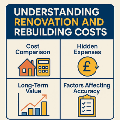 Infographic explaining the key differences between renovation and rebuilding costs for UK residential projects, featuring Builder Expert branding and cost-analysis icons.