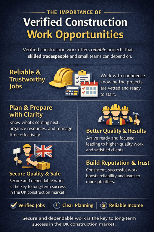 Infographic explaining the importance of verified construction work opportunities in the UK, showing reliable jobs, clear planning, better quality work, and long-term stability for residential tradespeople and small teams.
