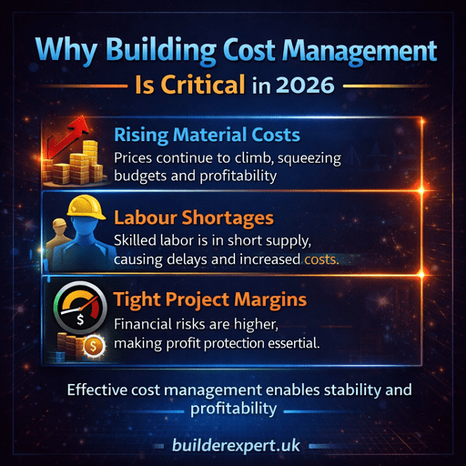 Why Building Cost Management is critical in 2026 for residential builders, highlighting rising material costs, labour shortages, and tight project margins