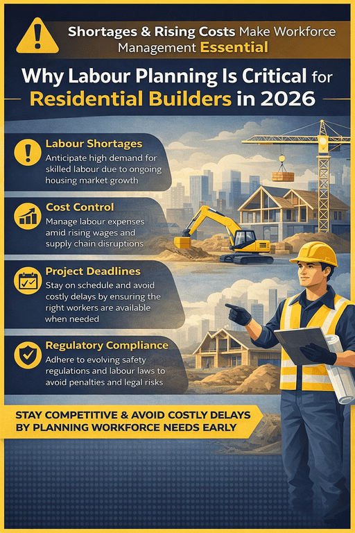 Infographic explaining why labour planning is critical for residential builders in 2026, highlighting labour shortages, cost control, project scheduling, and regulatory compliance.