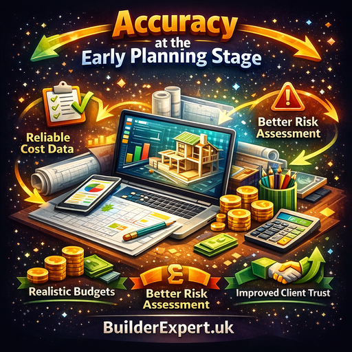 Infographic illustrating accuracy at the early planning stage in residential construction, showing how structured cost data improves budgets, risk assessment, and client confidence
