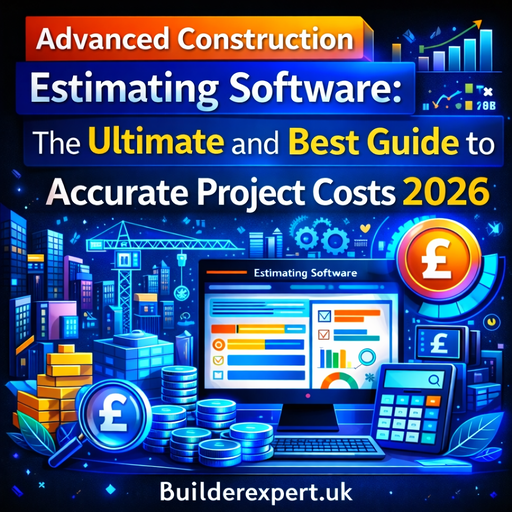Advance_Construction_Estimating_Software_50 Advanced Construction Estimating Software infographic with futuristic blue graphics showing digital cost analysis, project estimation dashboards, and financial accuracy for 2026.