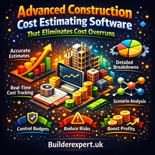 Infographic showing how advanced construction cost estimating software eliminates cost overruns through real-time tracking, detailed breakdowns, and scenario analysis