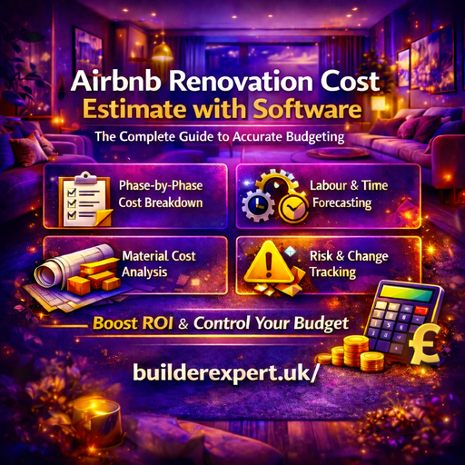Infographic showing Airbnb renovation cost estimation with software, including phased cost breakdown, labour forecasting, material analysis, and budget control for UK properties.