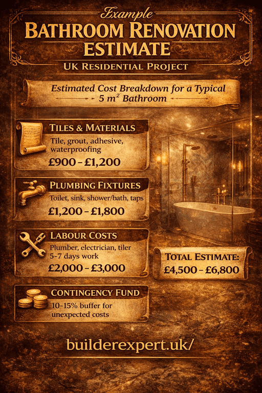 Example bathroom renovation estimate infographic for a UK residential project showing materials, labour, contingency, and total renovation cost