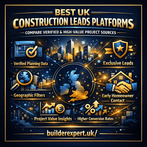 Infographic comparing the best UK construction leads platforms, highlighting verified planning data, exclusive leads, geographic filters, and high-value residential project sources in 2026.