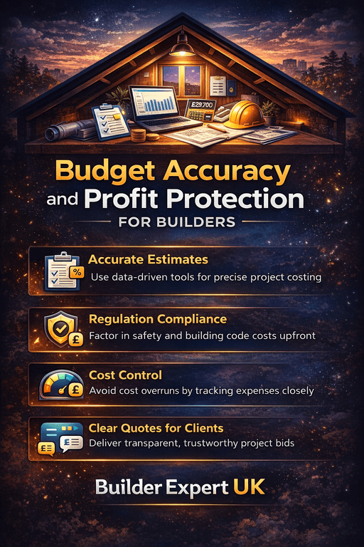Budget accuracy and profit protection infographic showing cost control, accurate estimates, and compliance planning for loft renovation projects