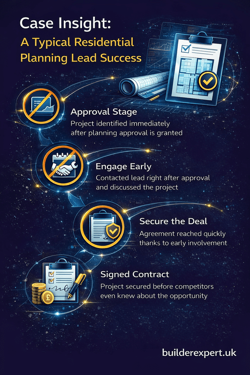 Case_Insight_50 Infographic showing a residential planning lead success story, illustrating how early planning approval, early engagement, and accurate estimating lead to a signed construction contract in the UK