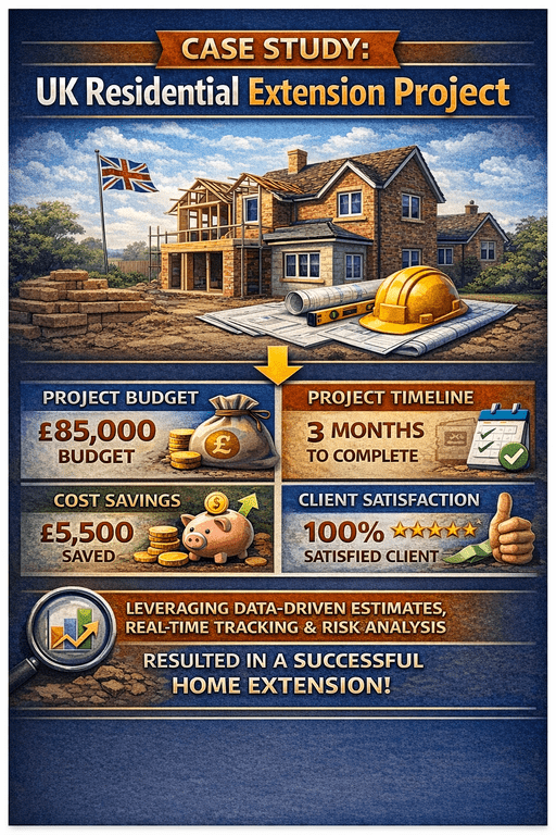 Case study infographic of a UK residential extension project showing project budget, timeline, cost savings, and client satisfaction using data-driven construction management.
