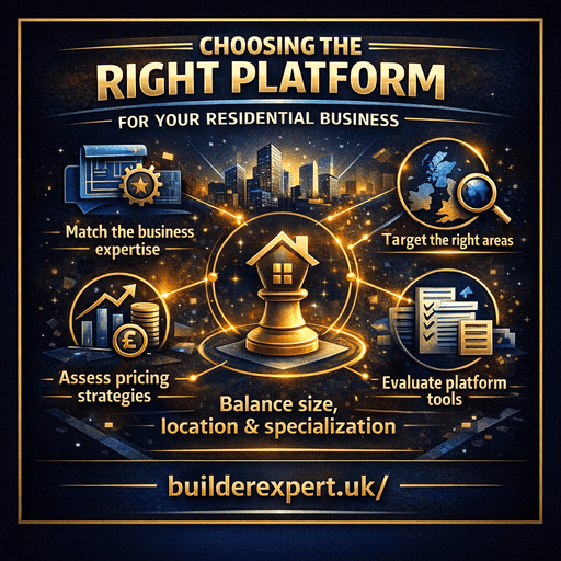 Infographic explaining how to choose the right construction leads platform for a residential building business, focusing on size, location, pricing strategy, and specialisation in 2026.