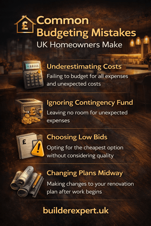 Infographic showing common budgeting mistakes UK homeowners make during kitchen renovations, including underestimating costs, ignoring contingency, choosing low bids, and changing plans midway.