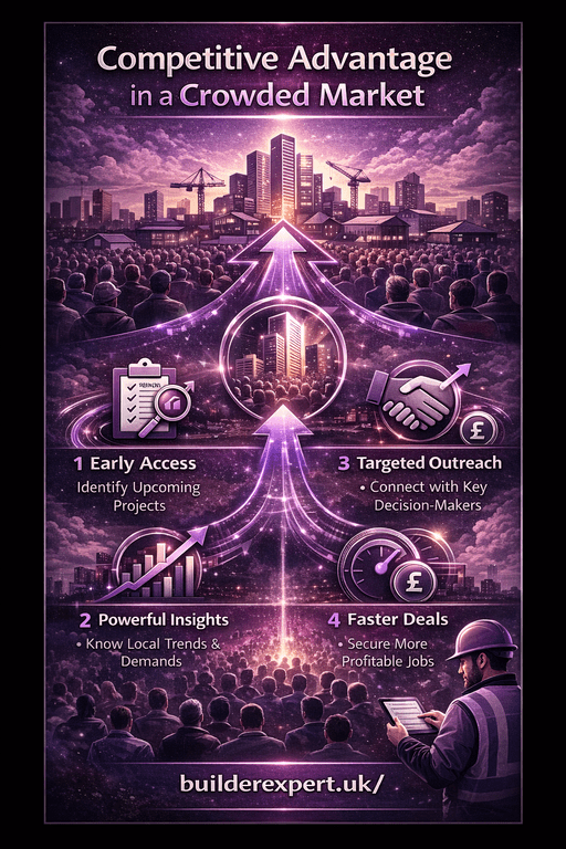 Infographic showing how trade contractors gain a competitive advantage in a crowded construction market through early project access, targeted outreach, and data-driven planning