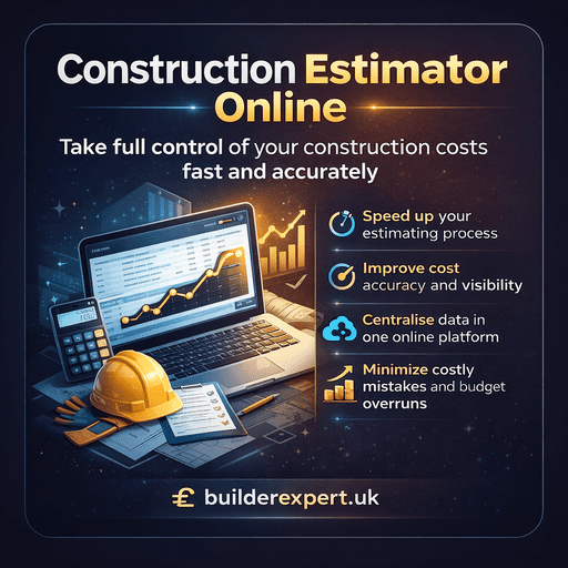 Infographic showing how a construction estimator online helps builders control construction costs fast and accurately, with calculator, laptop, charts, and cost icons.