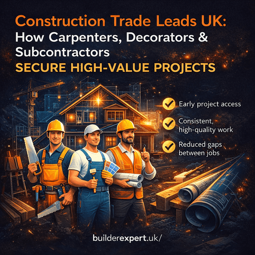Square infographic showing how construction trade leads UK help carpenters, decorators and subcontractors secure high-value residential projects