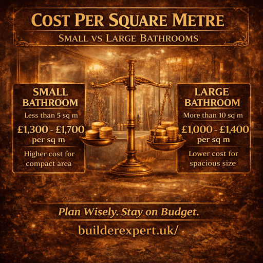 Cost per square metre comparison infographic showing small vs large bathroom renovation costs with a subtle bathroom background
