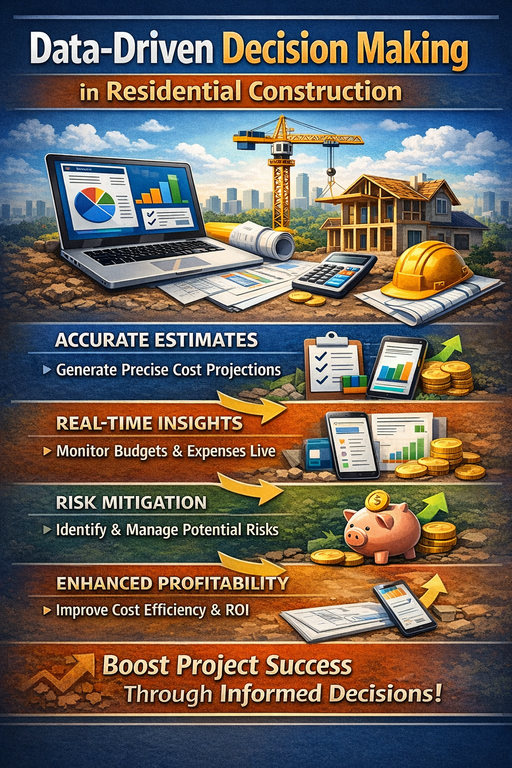 Data-driven decision making infographic for residential construction showing analytics dashboards, cost tracking, risk mitigation, and profitability improvement using construction data.