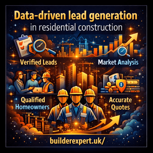 Data-_driven_lead_generation_50 Infographic showing data-driven lead generation in residential construction using planning data, market analysis, qualified homeowners, and accurate estimating for UK builders