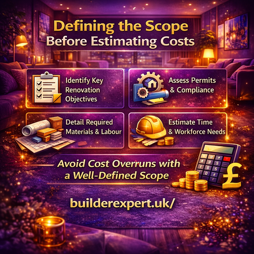 Infographic explaining the importance of defining the renovation scope before estimating costs, highlighting objectives, compliance, materials, labour, and workforce planning for Airbnb projects.