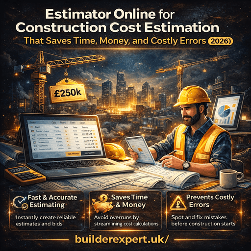 Infographic showing Estimator Online for Construction Cost Estimation saving time, money, and preventing costly errors for residential builders in 2026