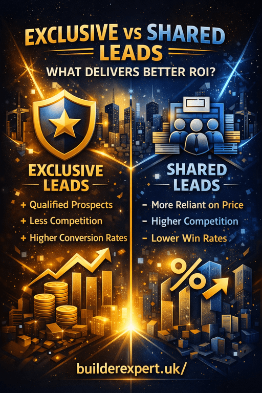 Infographic comparing exclusive and shared construction leads, showing differences in competition, conversion rates, pricing pressure, and return on investment for UK residential builders.