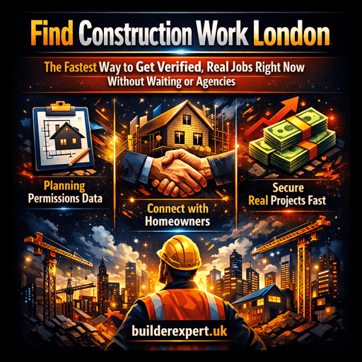 Infographic showing how to find construction work London using verified residential project leads from planning data, without agencies