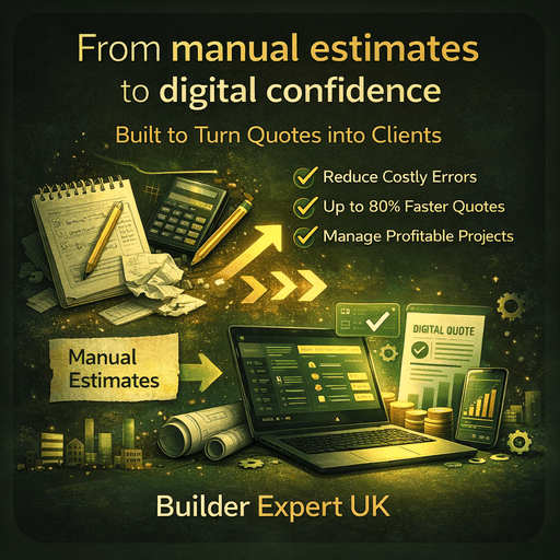 Infographic showing the transition from manual construction estimates to digital estimating software, highlighting faster quotes, fewer errors, and improved confidence for residential builders