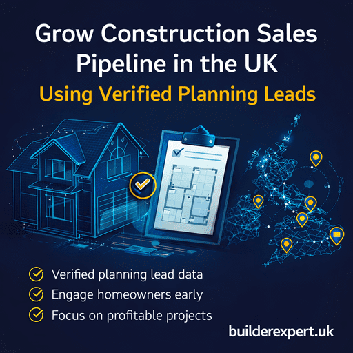 Infographic showing how to grow construction sales pipeline in the UK using verified planning leads, with residential planning data and project icons