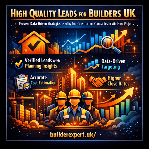 High_quality_leads_for_builders_UK_50 Infographic showing high quality leads for builders UK using data-driven strategies, planning insights, accurate estimating, and higher conversion rates in residential construction