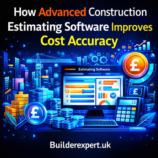 How_Advanced_Construction_Estimating_Software_Improves_Cost_Accuracy_50 Infographic showing how Advanced Construction Estimating Software improves cost accuracy using digital dashboards, blue financial graphics, and construction estimation visuals on a dark background.
