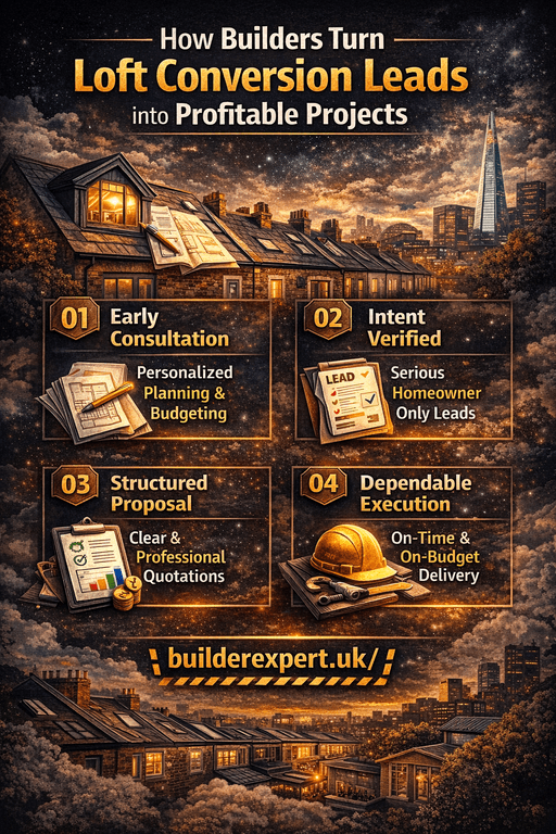 How_builder_turn_loft_conversion_leads_50 Infographic showing how builders turn loft conversion leads into profitable projects in the UK through early consultation, verified intent, structured proposals, and on-time delivery.