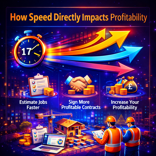 Infographic illustrating how faster estimating improves profitability, showing speed, faster quotes, more signed projects, and increased profit for residential builders
