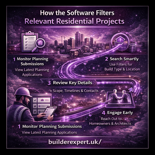 Infographic showing how software filters relevant residential construction projects using planning applications, location, project type, and value criteria