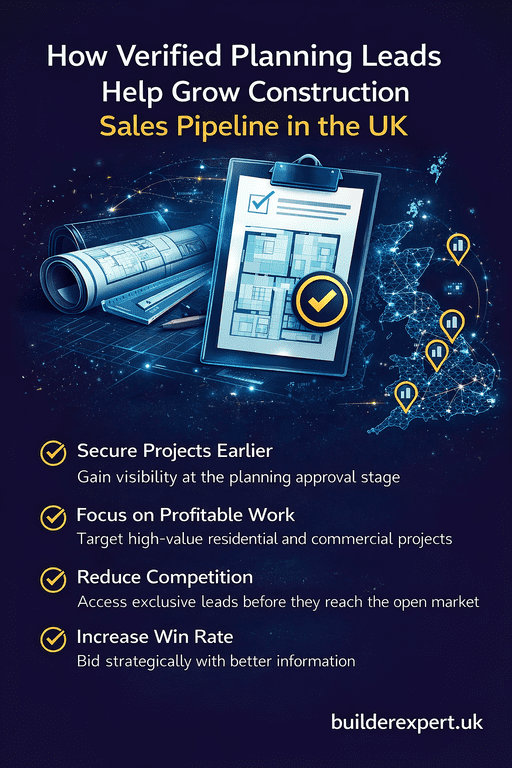 How_verified_planning_leads_help_50 Infographic showing how verified planning leads help grow construction sales pipeline in the UK, highlighting early project access, reduced competition, and higher win rates