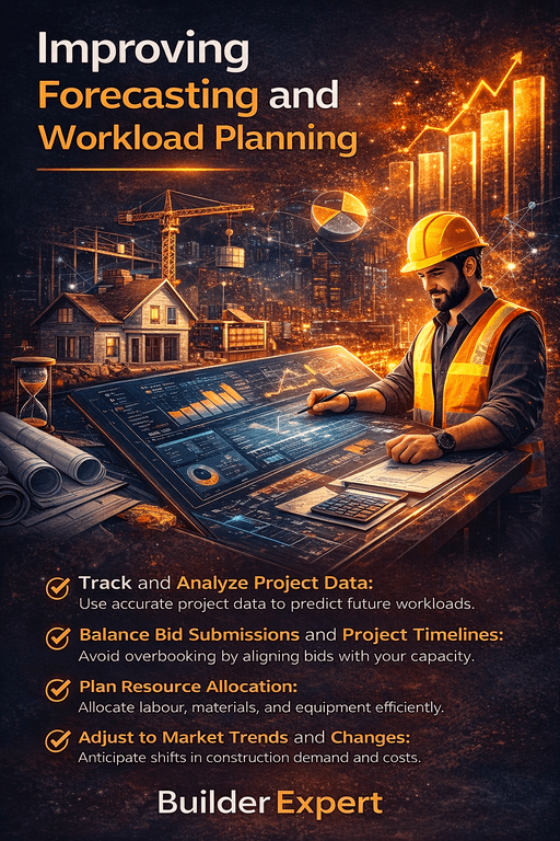 Vertical infographic showing improving forecasting and workload planning for residential builders, highlighting better scheduling, predictable pipelines, and stable cash flow using data-led planning