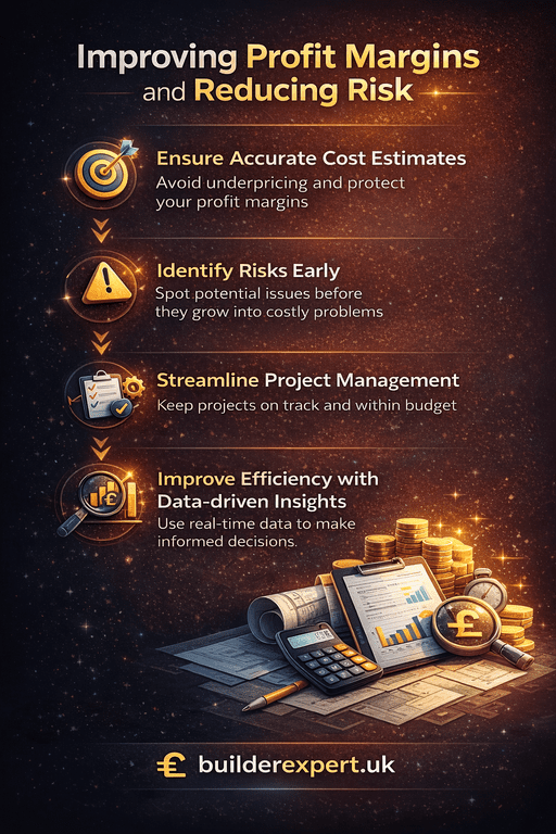 Vertical infographic showing how improving profit margins and reducing risk in residential construction is achieved through accurate cost estimating, early risk identification, and better financial control using digital estimating tools.