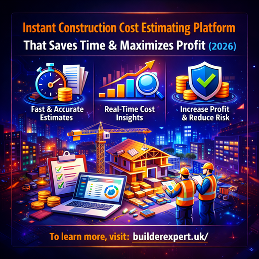 Infographic showing an instant construction cost estimating platform with real-time cost insights, fast estimates, and profit optimisation for residential builders in 2026