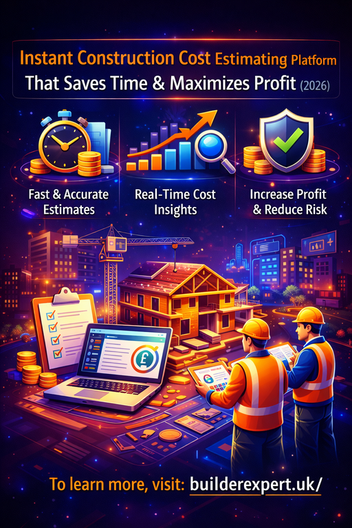 Infographic illustrating an instant construction cost estimating platform with fast estimates, real-time cost insights, and improved profitability for residential builders in 2026