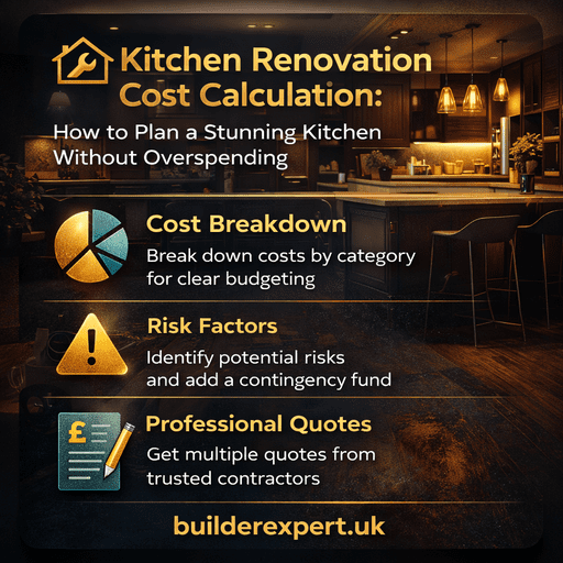 Infographic showing kitchen renovation cost calculation with a modern luxury kitchen background, highlighting budgeting, cost control, and planning without overspending.